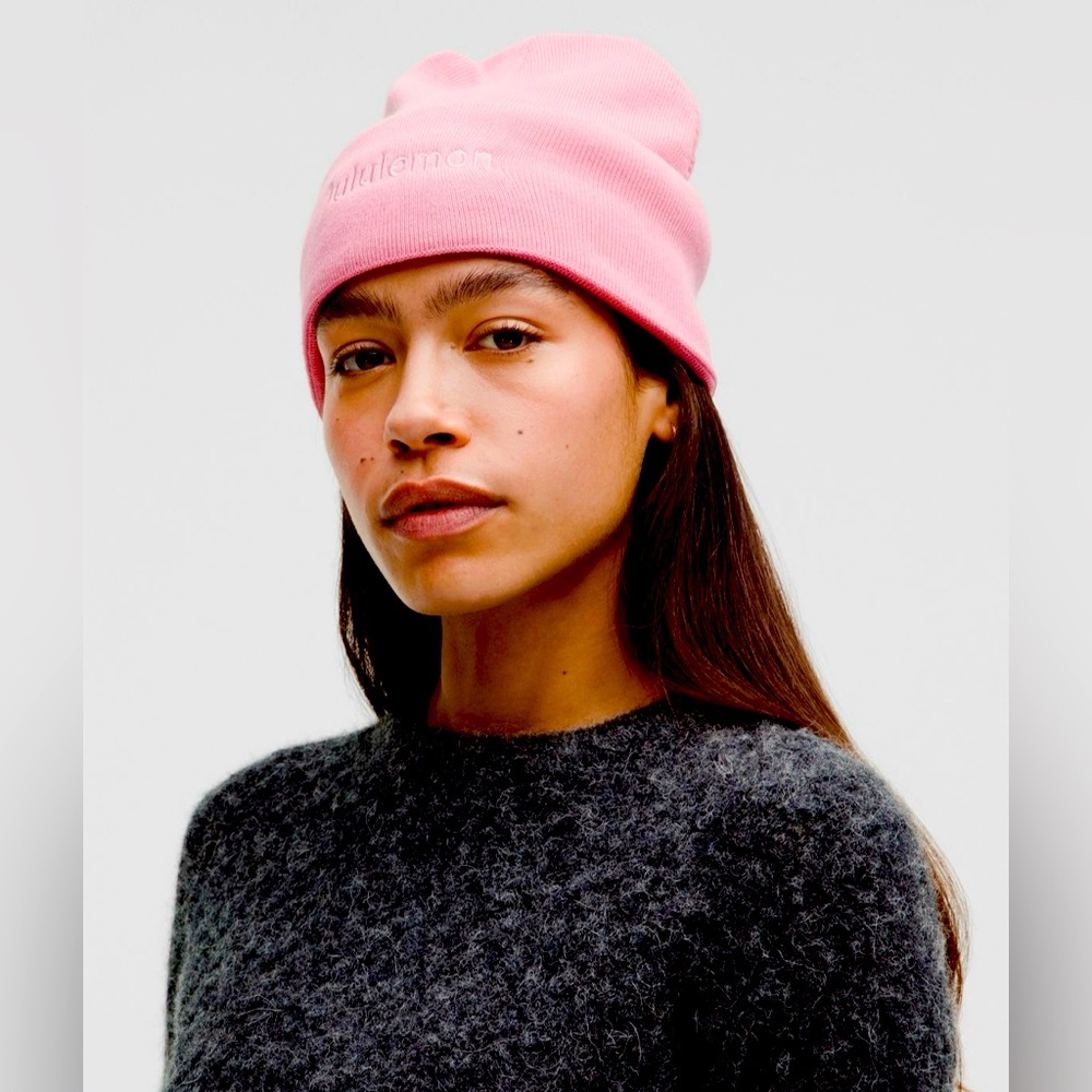 NWT Lululemon Warm Revelation Wordmark Beanie Pink Tide Merino Wool Blend